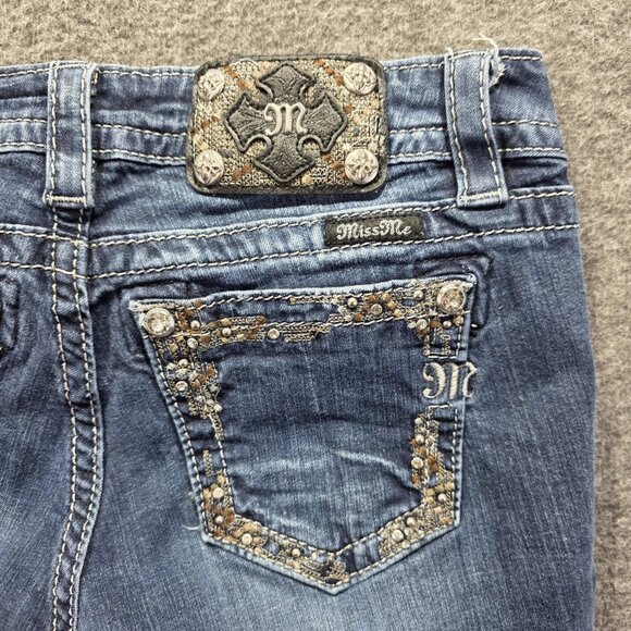 Miss Me Jeans Womens 27 Blue Mid Rise Easy Skinny Embellished Raw Hem *Cut off* - Picture 4 of 10